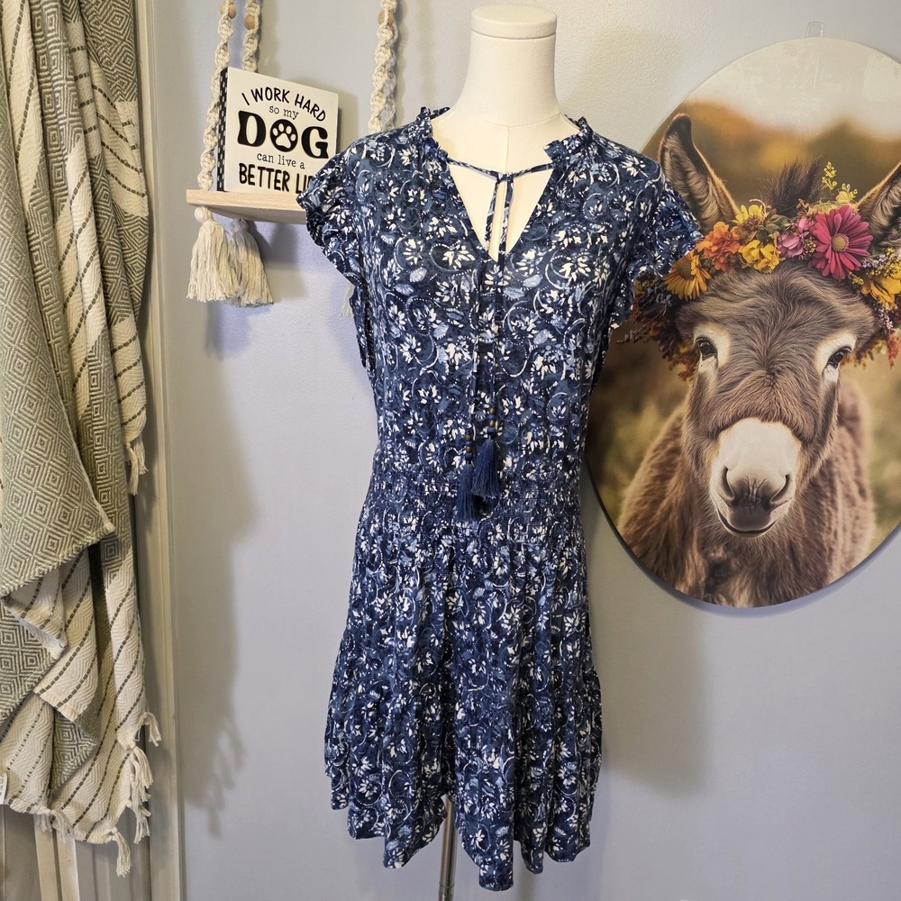 Ralph Lauren Floral Ruffle Smocked Boho Dress Size 2 Tie Neck Tassels Bohemian